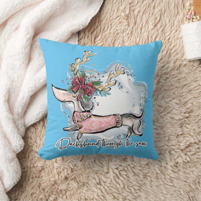 Girl Dachshund Through The Snow Throw Pillow (Blanket)