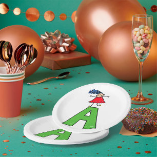 Girl Dancing on Green Letter A Fun Alphabet Paper Plates