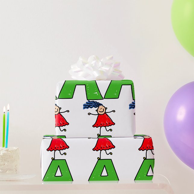 Girl Dancing on Green Letter A Fun Alphabet  Wrapping Paper (Creator Uploaded)