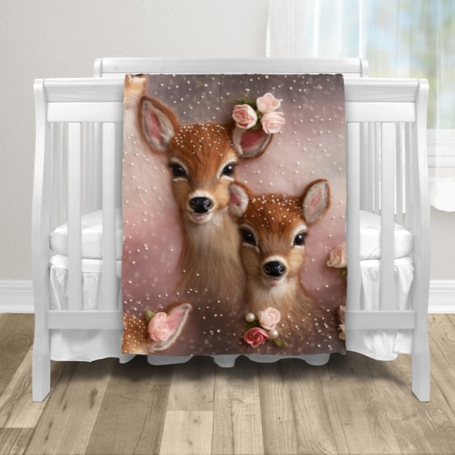 Girl Deer Floral Pearl Fleece Blanket (Adorable doe and fawn deer baby blanket. )
