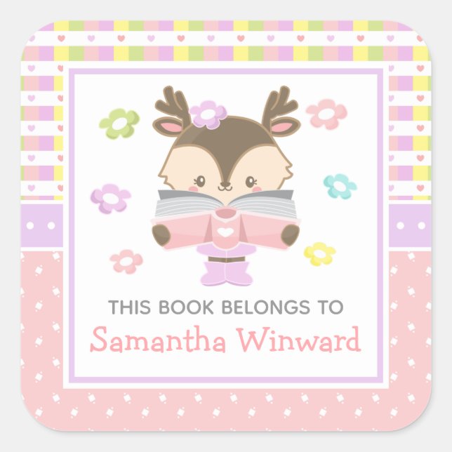 Girl Deer Pink and Purple Kids Bookplate (Front)