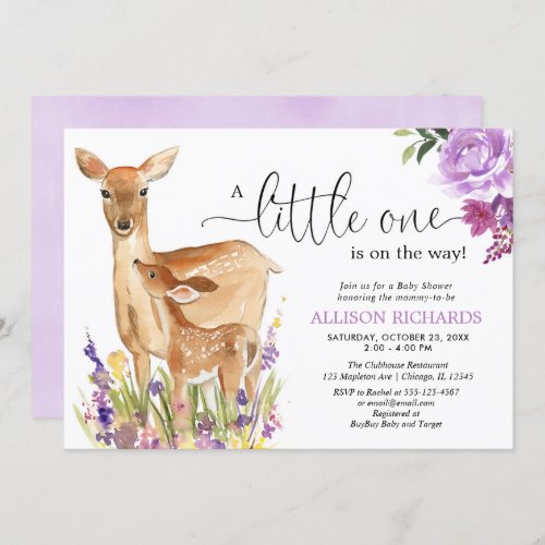 Girl deer purple floral woodland fawn baby shower invitation