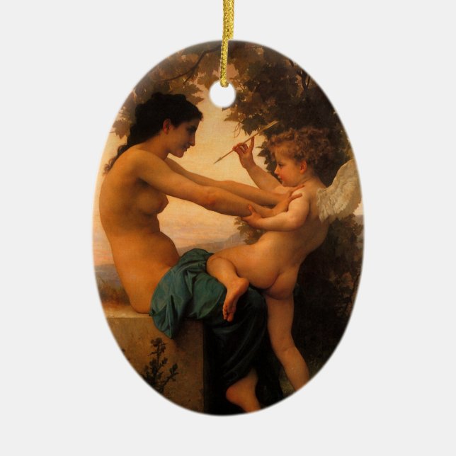 Girl Defending Herself Against Cupid by Bouguereau Ceramic Ornament (Front)