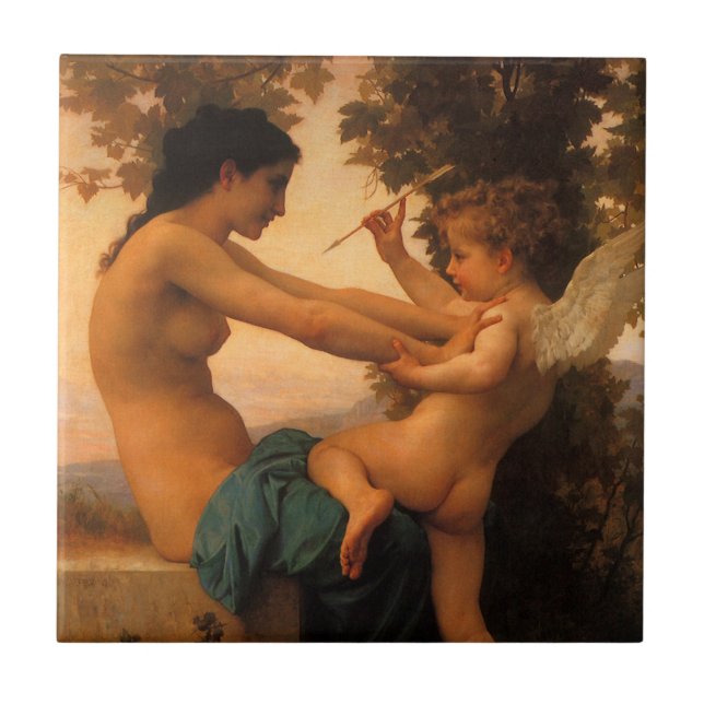 Girl Defending Herself Against Cupid by Bouguereau Ceramic Tile (Front)