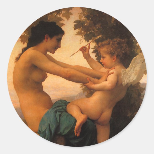 Girl Defending Herself Against Cupid by Bouguereau Classic Round Sticker (Front)