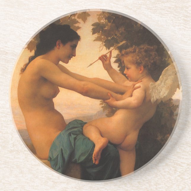 Girl Defending Herself Against Cupid by Bouguereau Drink Coaster (Front)