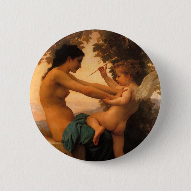 Girl Defending Herself Against Cupid by Bouguereau Pinback Button (Front)