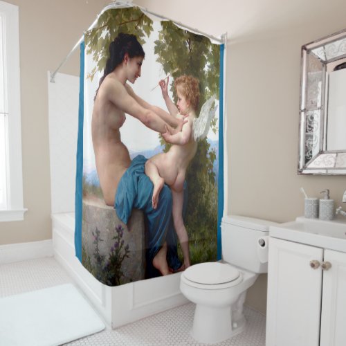 Girl Defending Herself Against Eros Cupid Fine Art Shower Curtain