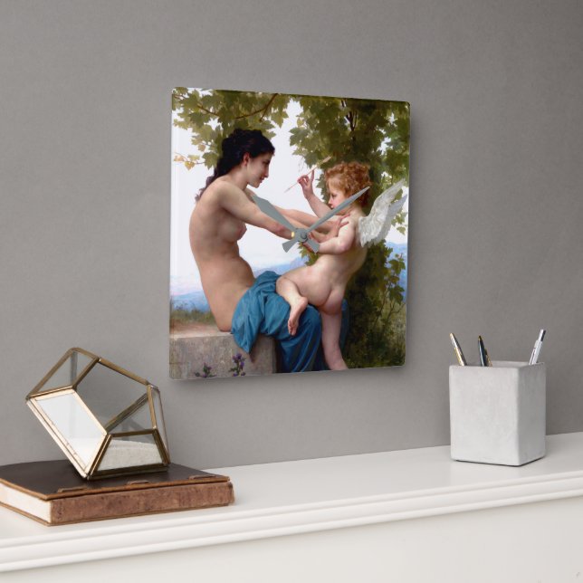 Girl Defending Herself Against Eros Cupid Fine Art Square Wall Clock (Office)