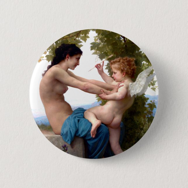 Girl Defending Herself Against Eros Cupid Painting Button (Front)