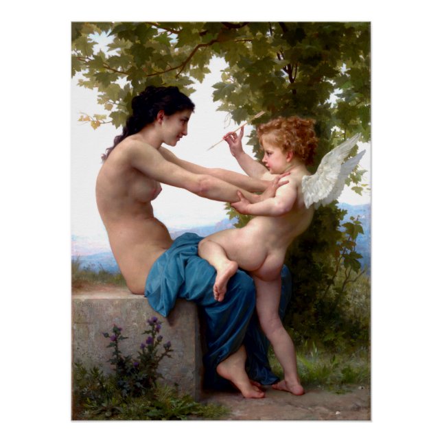 Girl Defending Herself Against Eros Cupid Painting Poster (Front)