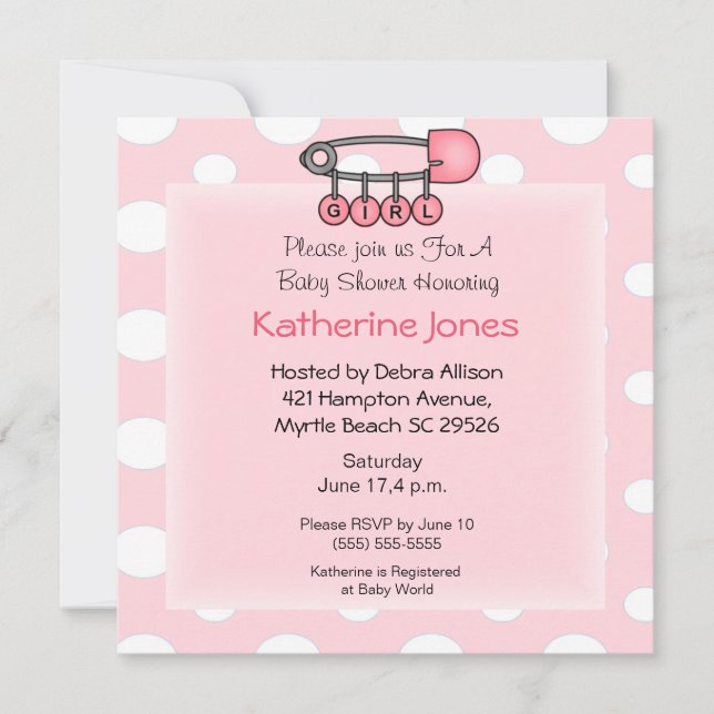 Girl  Diaper Pin  Shower Invitation (Front)