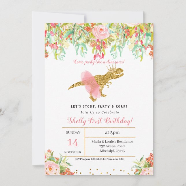 GIRL DINOSAUR 1st BIRTHDAY Invitation (Front)