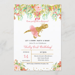 GIRL DINOSAUR 1st BIRTHDAY Invitation