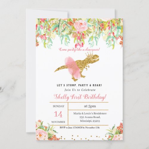 GIRL DINOSAUR 1st BIRTHDAY Invitation