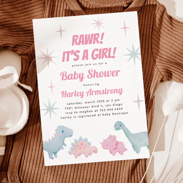 Girl Dinosaur Baby Shower Invitation Zazzle