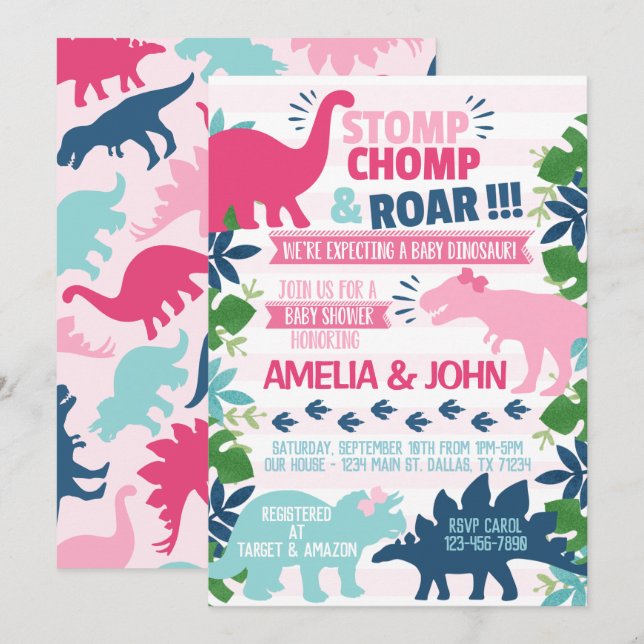 Girl Dinosaur Baby Shower Invitation Invite (Front/Back)