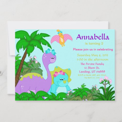 Girl Dinosaur Birthday Invitation