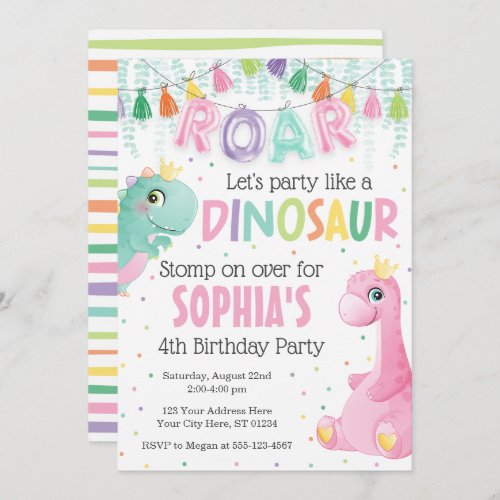 Girl Dinosaur Birthday Invitation