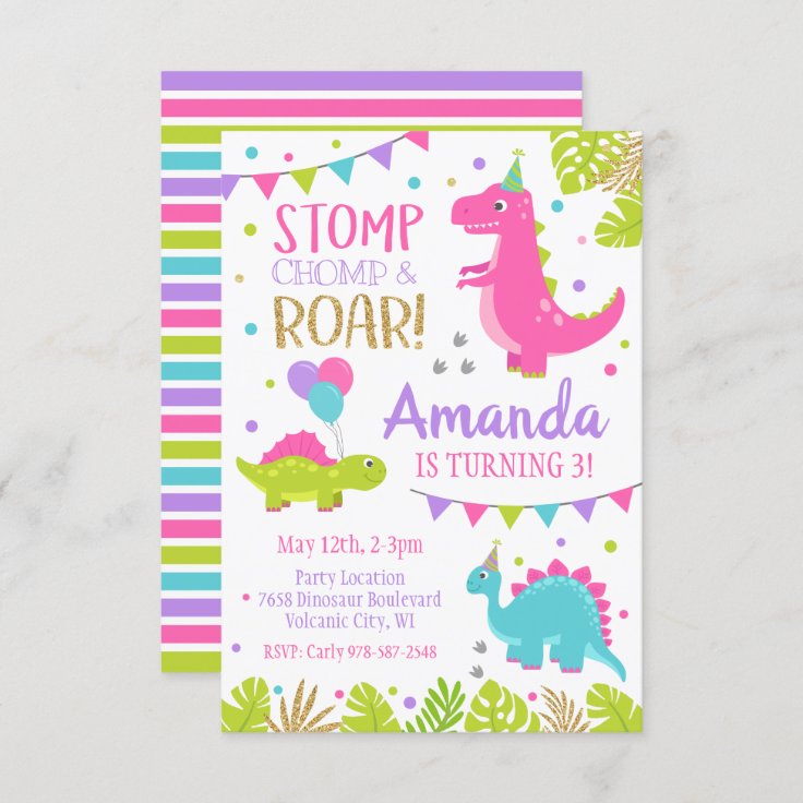Girl Dinosaur Birthday Invitation Zazzle