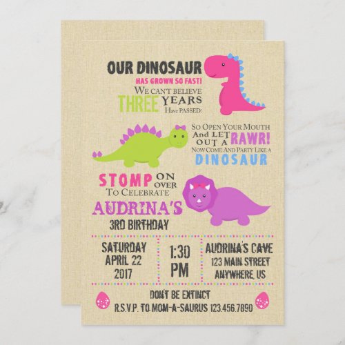 Girl Dinosaur Birthday Invitation