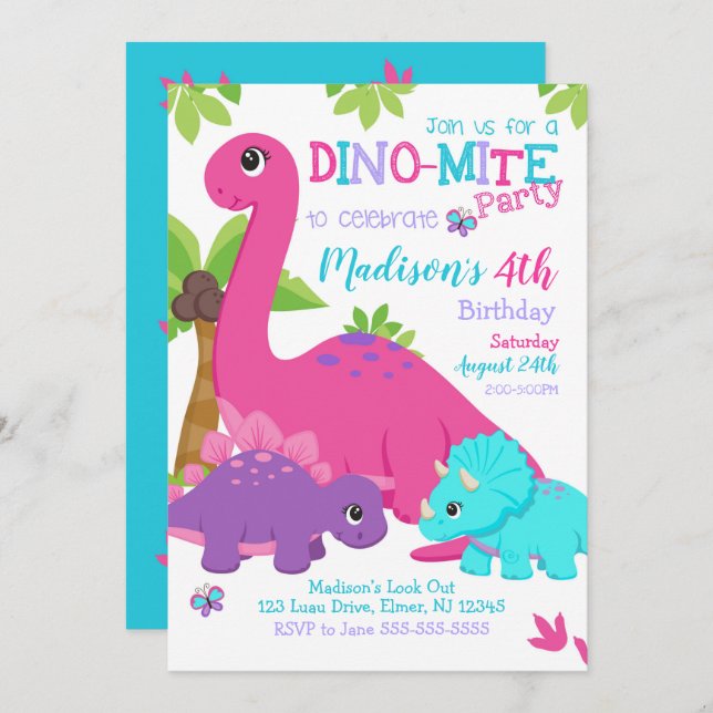 Girl Dinosaur Birthday Invitation / Dino Party (Front/Back)