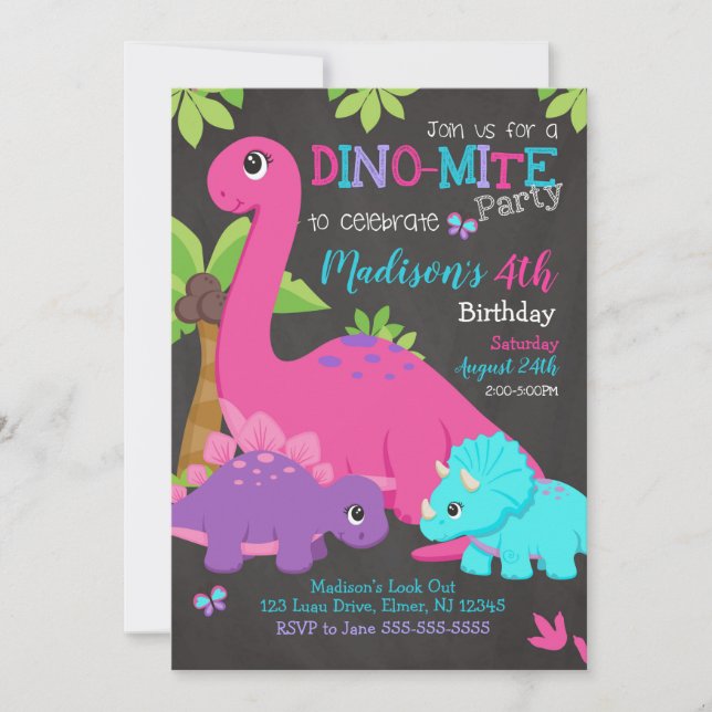 Girl Dinosaur Birthday Invitation / Dino Party (Front)