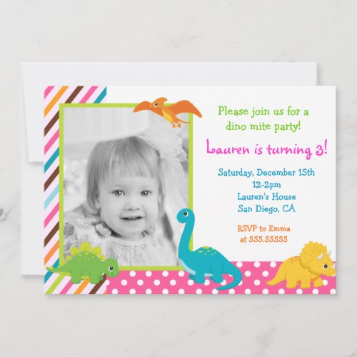Girl Dinosaur Birthday Invitation for