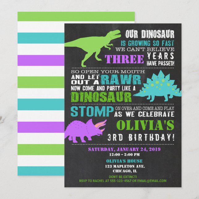 Girl dinosaur birthday invitations chalkboard (Front/Back)