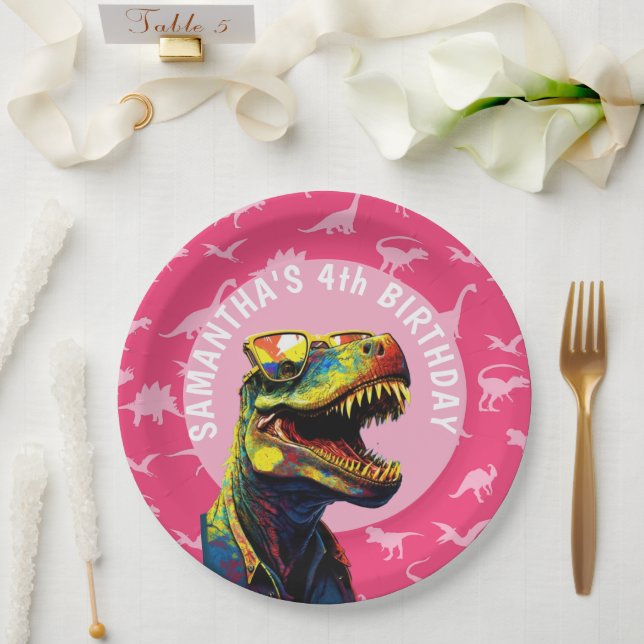 Girl Dinosaur Birthday Party Paper Plates (Wedding)