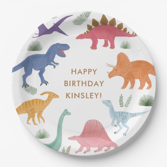 Girl Dinosaur Birthday Party Paper Plates (Front)