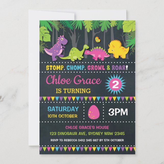 Girl Dinosaur Birthday Party Pink Roar Chalkboard Invitation (Front)