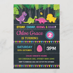 Girl Dinosaur Birthday Party Pink Roar Chalkboard Invitation