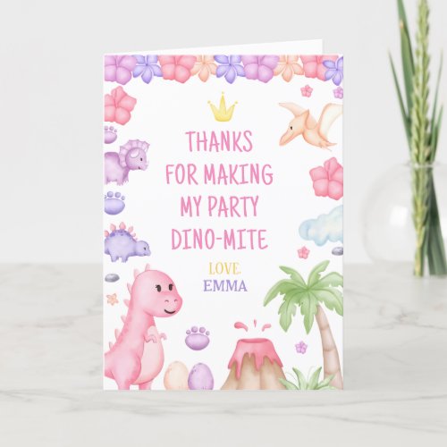 Girl Dinosaur Birthday Party Thank You Card