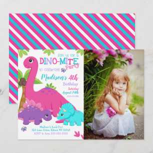 Girl Dinosaur Birthday Photo Invitation Dino Party