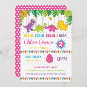 Girl Dinosaur Birthday Pink Roar Dino Party Invitation