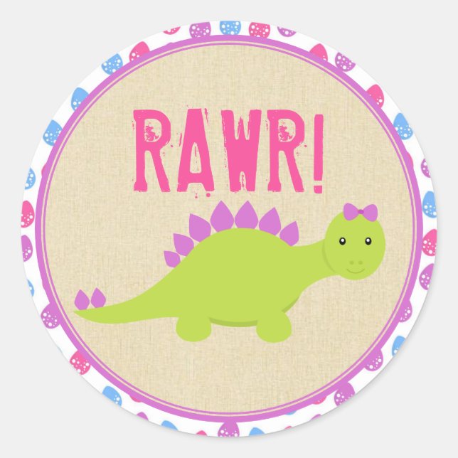 Girl Dinosaur Birthday Stickers Pink Dinosaurs (Front)
