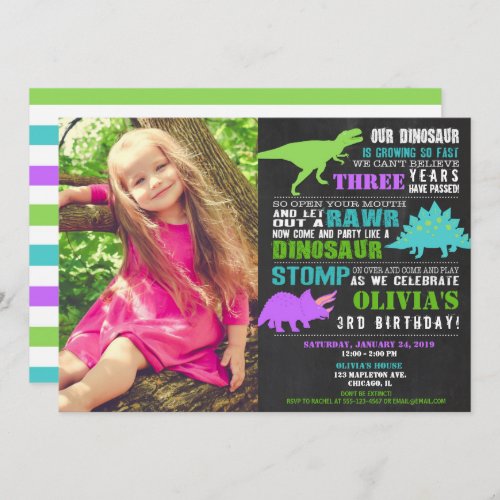 Girl dinosaur birthday teal green purple photo invitation