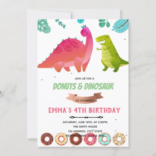 Girl dinosaur donuts theme Invitation