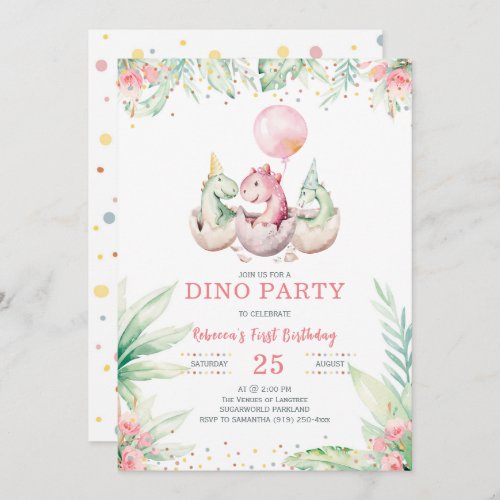 Girl Dinosaur First Birthday Invitation