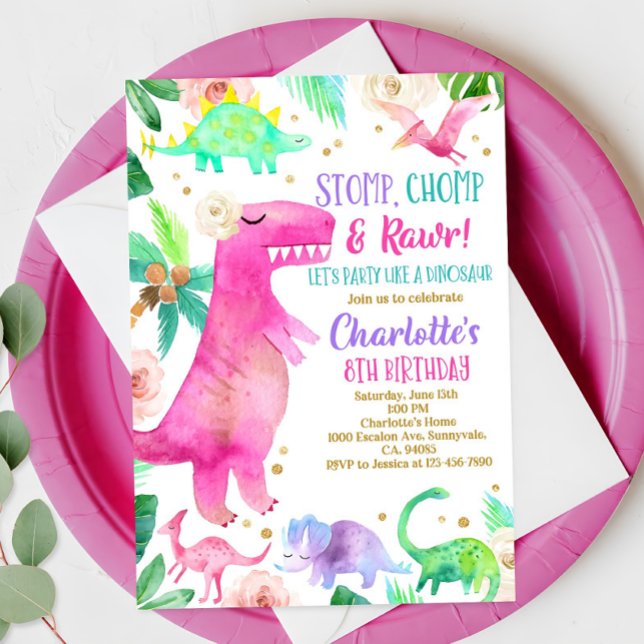 Girl Dinosaur Invitation Dino Birthday Party Invit (Creator Uploaded)