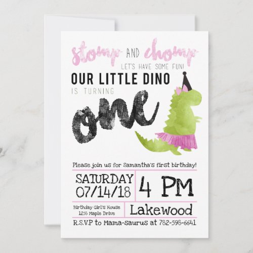 Girl Dinosaur Invitation Tutu First Birthday
