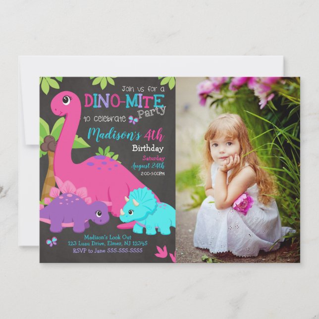 Girl Dinosaur Photo Birthday Invitation Dino Party (Front)