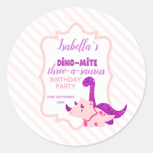 Girl Dinosaur Pink Birthday Party  Classic Round Sticker