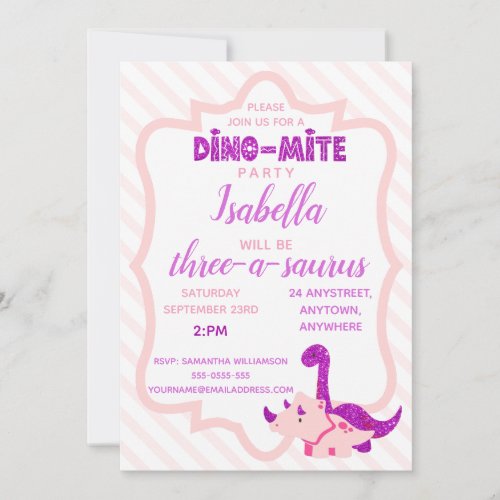 Girl Dinosaur Pink Birthday Party Invitation