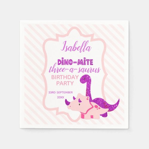 Girl Dinosaur Pink Birthday Party Paper Napkin