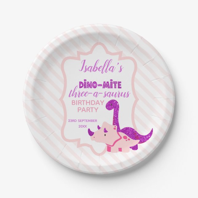 Girl Dinosaur Pink Birthday Party  Paper Plates (Front)