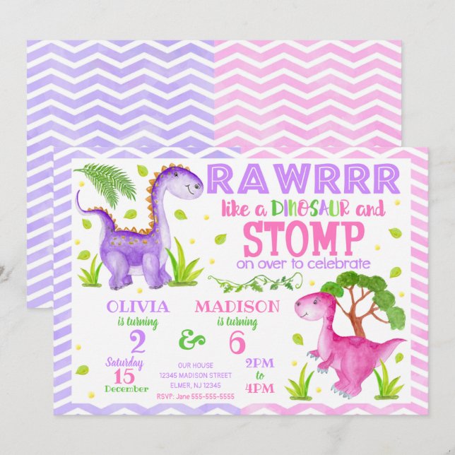 Girl Dinosaur Siblings Joint Birthday Invitation (Front/Back)