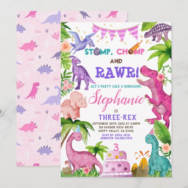 Girl Dinosaur Three-Rex 3rd Birthday Party Pink In Invitation (Front/Back)