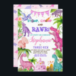 Girl Dinosaur Three-Rex 3rd Birthday Party Pink In Invitation<br><div class="desc">Cute birthday invitation in style. 
Theme: Girl Dinosaur Party.
Occasion: 3rd Birthday.
Style: Cute,  Cheerful,  Fun,  Elegant.
Colours: Pink,  Purple,  Green,  Turquoise.
Graphics: Cute Watercolour Dinosaurs,  Tropical Trees,  Birthday Cake.</div>